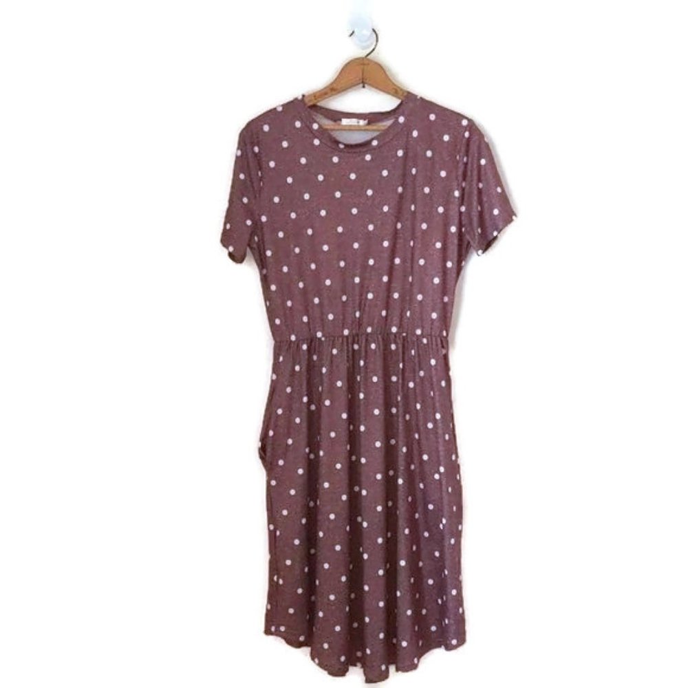 La la la Women's Size M Short Sleeve Polka Dot One Piece Popover Dress w/Pockets - Picture 10 of 10